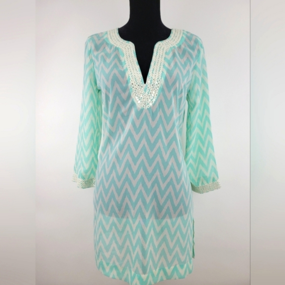Antonio MELANI Aqua Split Neckline with Sequins 3/4 Sleeves  Coverup Tunic